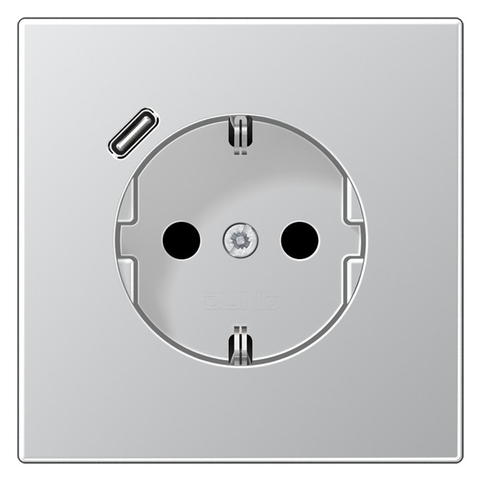 Розетка с ЗК, зарядным устр. USB тип С, 9/5 В, 2/3 А JUNG алюминий