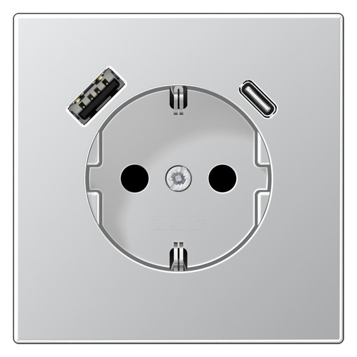 Розетка с ЗХ, зарядным устр. USB тип А+С, 9/5 В, 2/3 А JUNG алюминий