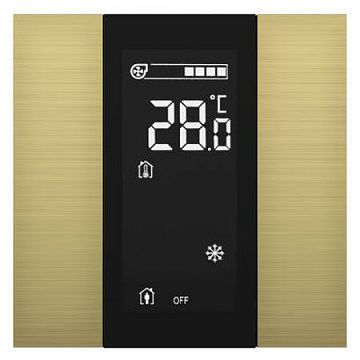 ITR340-1213 Выключатель / комнатный контроллер с ЖК-дисплеем iSwitch+ 2-кнопочный, встроенные датчики температуры, влажности, освещенности, LED индикация, 2 унив. входа, с BCU, материал анодированный алюминий, шлифованный, цвет золото