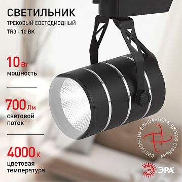 Б0032109 Трековый светильник однофазный ЭРА TR3 - 10 BK светодиодный COB 10Вт 4000К 700Лм черный  - фотография 5