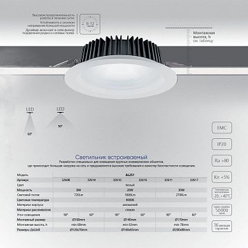 32616 Светильник встраиваемый светодиодный 20W, 1800Lm, 4000K, 60 градусов, белый, AL251 с драйвером в комплекте серия MarketBright  - фотография 8