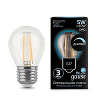 105802205-D Лампа Gauss Filament Шар 5W 450lm 4100К Е27 диммируемая LED 1/10/50