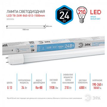 Б0033006 Лампа светодиодная ЭРА STD LED T8-24W-840-G13-1500mm G13 поворотный 24Вт трубка стекло нейтральный белый свет  - фотография 4