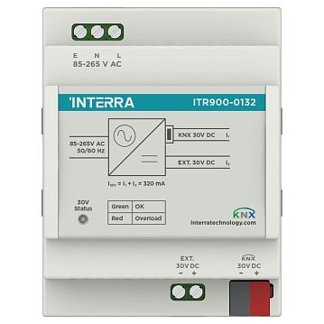 ITR900-0132 Источник питания KNX, выход 29В= / 320мА, встроенный дроссель, дополнительный выход 30В=, на DIN рейку, 4TE