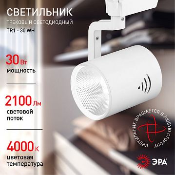 Б0032099 Трековый светильник однофазный ЭРА TR1 - 30 WH светодиодный COB 30Вт 4000К 2100Лм белый  - фотография 5