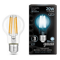 102902220 Лампа Gauss Filament А60 20W 1850lm 4100К Е27 LED 1/10/40