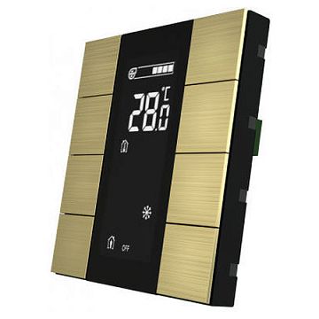 ITR340-1813 Выключатель / комнатный контроллер с ЖК-дисплеем iSwitch+ 8-кнопочный, встроенные датчики температуры, влажности, освещенности, LED индикация, 2 унив. входа, с BCU, материал анодированный алюминий, шлифованный, цвет золото  - фотография 2